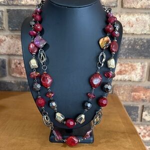 Ruby Rd Maroon Fuchsia & gold tone beaded & abalone double strand necklace